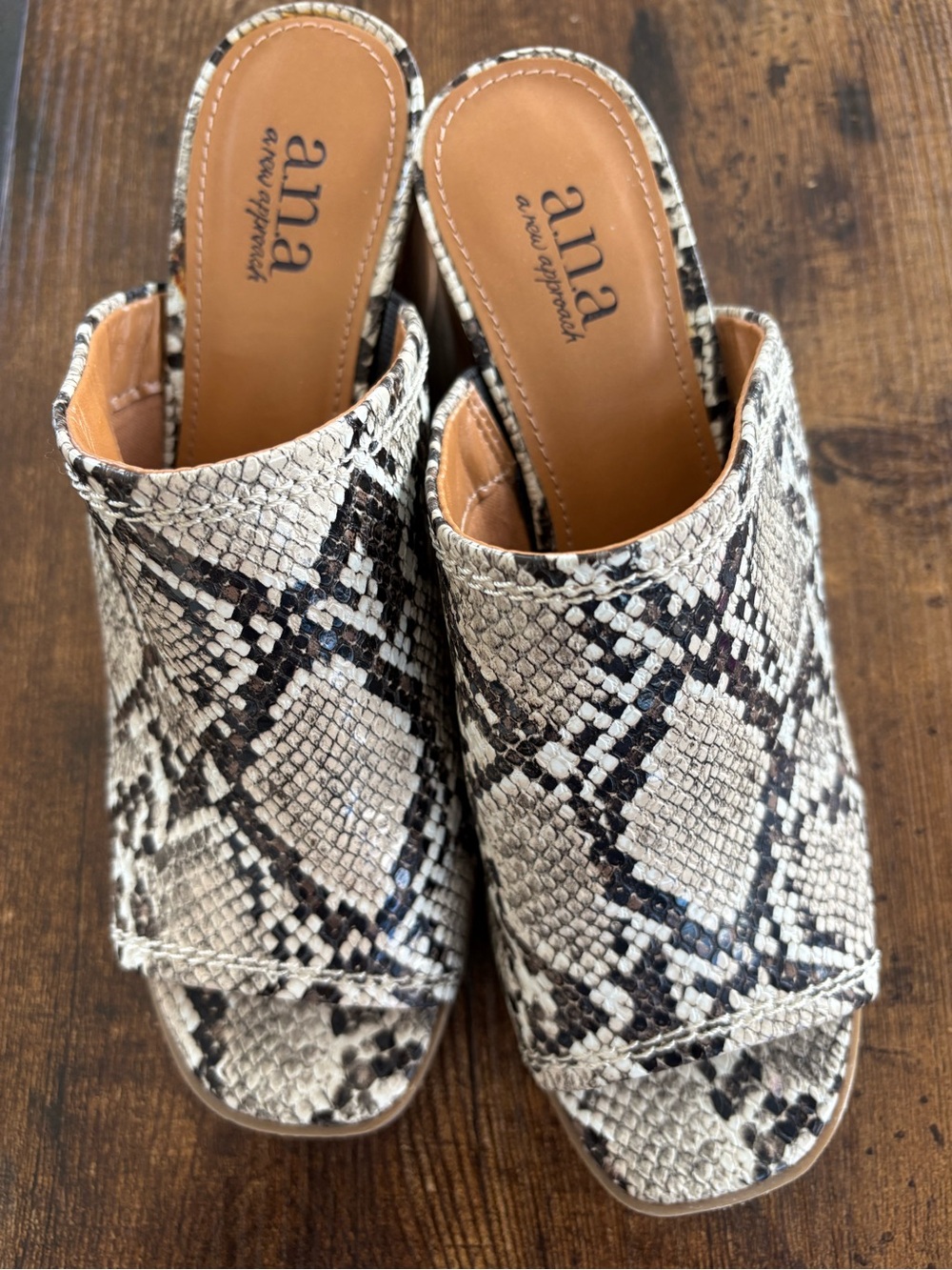 a.n.a Snake-Print Open-Toe Mules in Taupe and Black